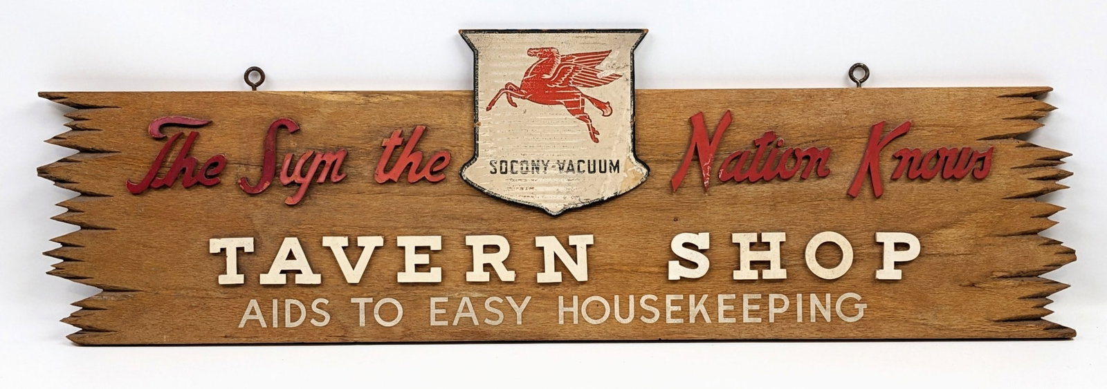 Vintage SOCONY Mobil Tavern Shop Wood Advertising Sign: Hard to find vintage single sided wood SOCONY Mobil Tavern Shop Wood advertising sign. Appears to be in good condition with paint loss, fading, weathering to wood, and other wear from use and age. Dis
