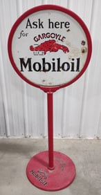 Early DSP Gargoyle Mobiloil Lollipop Curb Sign w/ Gargoyle Mobiloil Base