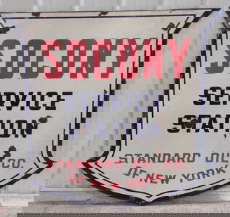 4ft Early DSP SOCONY Service Station Die-Cut Shield Sign: Large early double sided porcelain Standard Oil Company Of New York Service Station Die-Cut Shield advertising sign. Appears to be in overall good condition for its age, with porcelain loss,fading, la