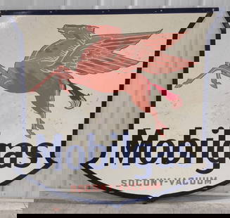 Large Vintage DSP SOCONY Mobilgas Die-Cut Shield Sign 58x56: Large vintage double sided porcelain SOCONY Mobilgas die-cut shield advertising sign. Has porcelain loss, fading, weathering, heavy scratching, and other wear from use and age. One side has some areas