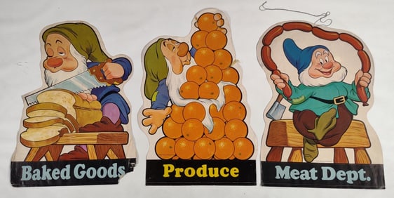 3) Vintage Disney Snow White Store Display Isle Marker Signs / Dwarves