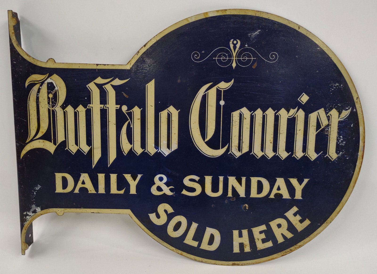 Early DST Buffalo Courier / Enquirer Newspaper Flange Sign: Incredible early double sided metal Buffalo Courier Newspaper Flange advertising sign. It is marked "The Meek Co." Has paint loss , discoloration, and other wear from use and age. Appears to have been