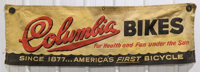 Vintage Columbia Bikes Dealer Canvas Advertising Banner
