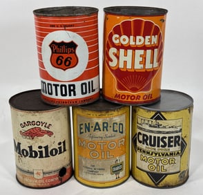 Lot Of 5 Vintage One Quart Metal Oil Cans / Cruiser / Gargoyle / Golden Shell