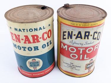 (2) Vintage EN-AR-CO Motor Oil Metal 5 Quart Oil Cans