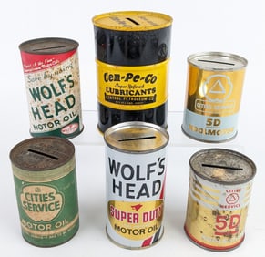(6) Vintage Promotional Mini Oil Can Metal / Composite Banks