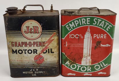 2) Vintage 2 Gallon Motor Oil Cans / J&R / Empire State
