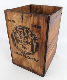 Early SOCONY Polarine Oil 5 Gallon Can Wooden Shipping Crate