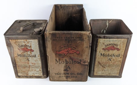 (2) Early Gargoyle Mobiloil "A" 5 Gallon Oil Cans w/ Wood Crate