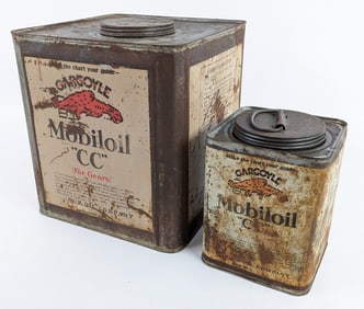 (2) Early Gargoyle Mobiloil "C" Oil Cans w/ Lids