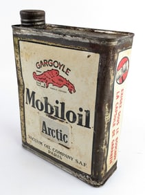 Early French Slim Gargoyle Mobiloil Arctic 2 Liter Oil Can w/ Cap