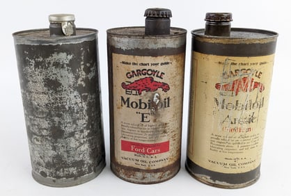 (3) Early Gargoyle Mobiloil One Quart Oil Cans