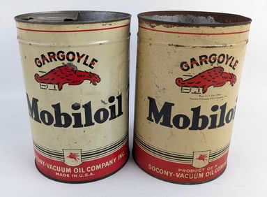 (2) Early Gargoyle Mobiloil 5 Quart Metal Oil Cans
