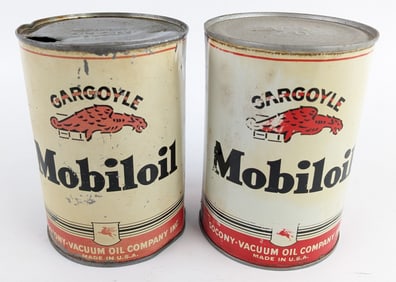 (2) Early Gargoyle Mobiloil 1 Quart Metal Oil Cans