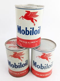 (3) Vintage Mobiloil Aero Red / Green / White Band Aircraft Oil Metal Quart Cans