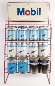 (12) Vintage Mobil Jet Oil Quart Cans w/ Metal Display Rack