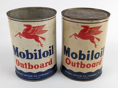 (2) Vintage Mobiloil Outboard Quart Metal Oil Cans