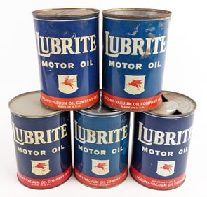 (5) Vintage Mobil Lubrite Motor Oil One Quart Metal Oil Cans