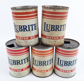(5) Vintage Mobil Lubrite Motor Oil One Quart Metal Oil Cans