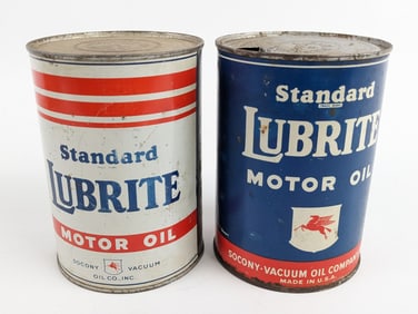 (2) Vintage Mobil Standard Lubrite Motor Oil One Quart Metal Oil Cans