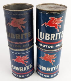 (5) Vintage Mobil Lubrite Motor Oil One Quart Metal Oil Cans