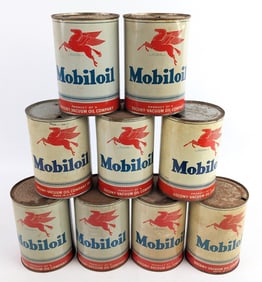 (9) Vintage Mobiloil One Quart Metal Oil Cans