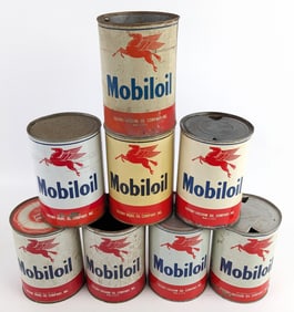 (8) Vintage Mobiloil One Quart Metal Oil Cans