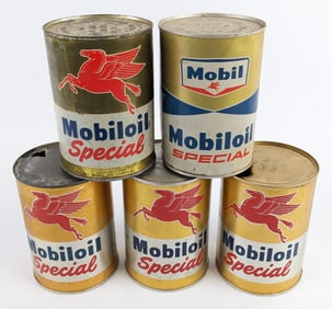 (5) Vintage Mobil Mobiloil Special One Quart Metal Oil Cans