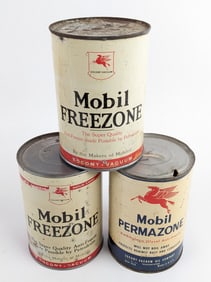(3) Vintage Mobil Freezone / Permazone Anti-Freeze Metal Quart Cans