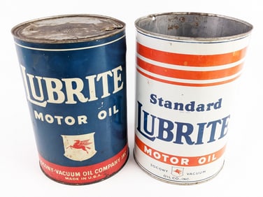 (2) Vintage Mobil Lubrite 5 Quart Metal Oil Cans