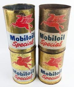 (4) Vintage Mobioil Special 5 Quart Metal Oil Cans