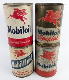 (4) Vintage Mobil 5 Quart Metal Oil Cans