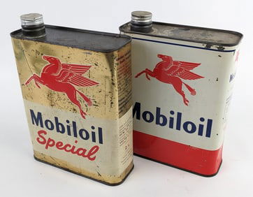 (2) Vintage French Mobiloil 2 Liter Oil Cans