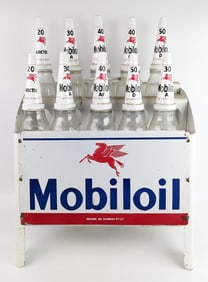 Vintage Mobioil Service Station 10 Oil Bottle Display Rack / Carrier w/ SSP Sign & Bottles