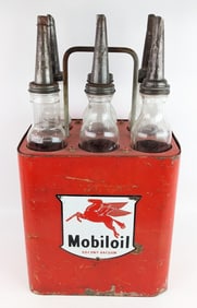 Vintage Mobiloil Glass Oil Bottle Carrier Rack w/ SSP Sign & (6) Bottles