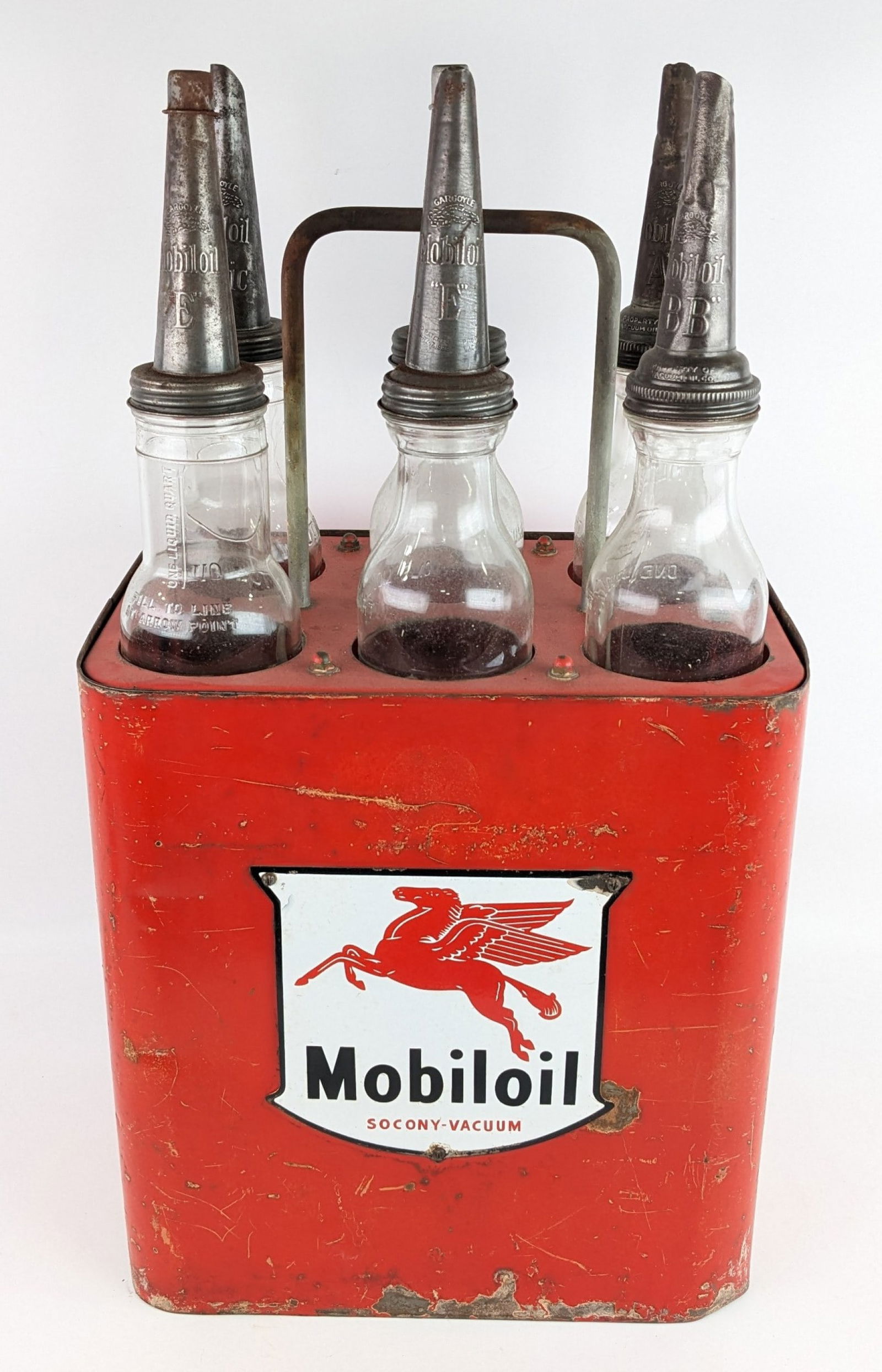 Vintage Mobiloil Glass Oil Bottle Carrier Rack w/ SSP Sign & (6) Bottles (1 of 7)