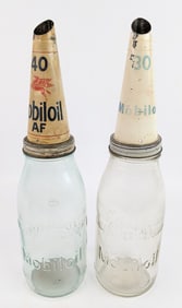2) Early Vacuum Mobiloil Imperial Quart Glass Oil Bottles w/ Spouts