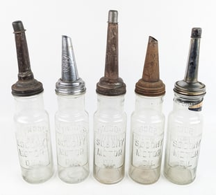 (5) Early SOCONY One Quart Glass Oil Bottles w/ Spouts