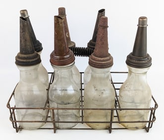 (7) Vintage Glass One Quart Oil Bottles w/ Spouts & Carrier