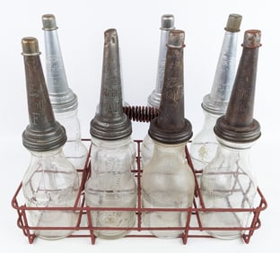 (8) Glass Quart Oil Bottles w/ Gargoyle Mobiloil Embossed Spouts & Carrier