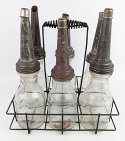(6) Glass Quart Oil Bottles w/ Gargoyle Mobiloil "A" Embossed Spouts & Carrier