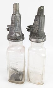 2) Early Gargoyle Mobiloil "A" Quart Fillpruf Glass Oil Bottles w/ Spouts
