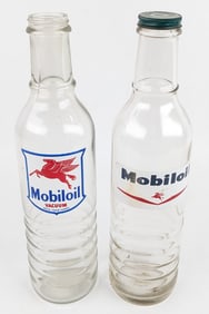 (2) Vintage UK Mobiloil Imperial Quart Glass Oil Bottles