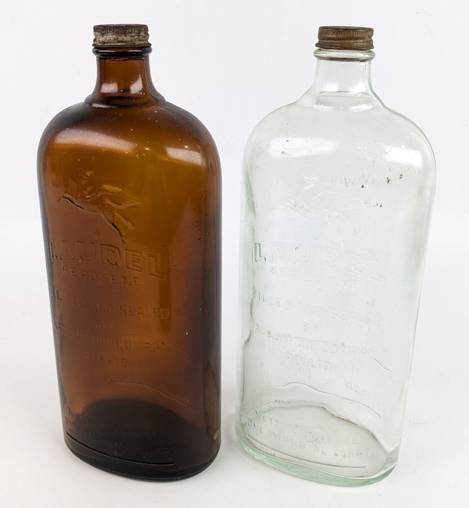2) Early Vacuum Mobil Imperial Quart Laurel Kerosene Imperial Quart Glass Bottles (1 of 5)