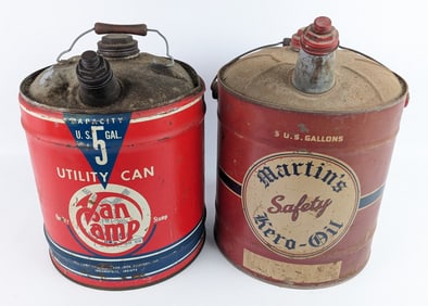 2) Vintage 5 Gallon Oil Cans / Van Camp & Martins