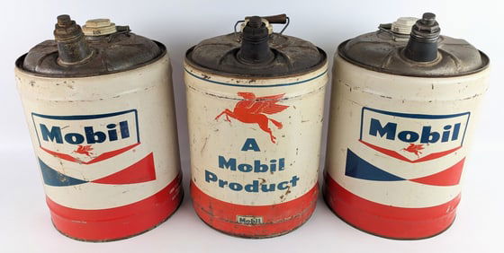 (3) Vintage Mobil Oil 5 Gallon Metal Cans
