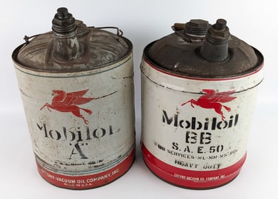 2) Early SOCONY-Vacuum Mobiloil 5 Gallon Oil Cans
