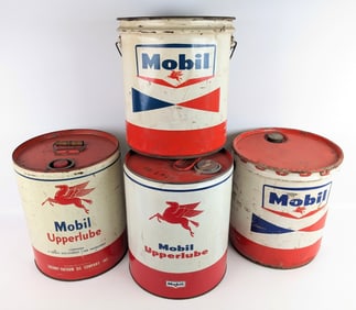 4) Vintage Mobil 5 Gallon Lubricant / Oil Cans