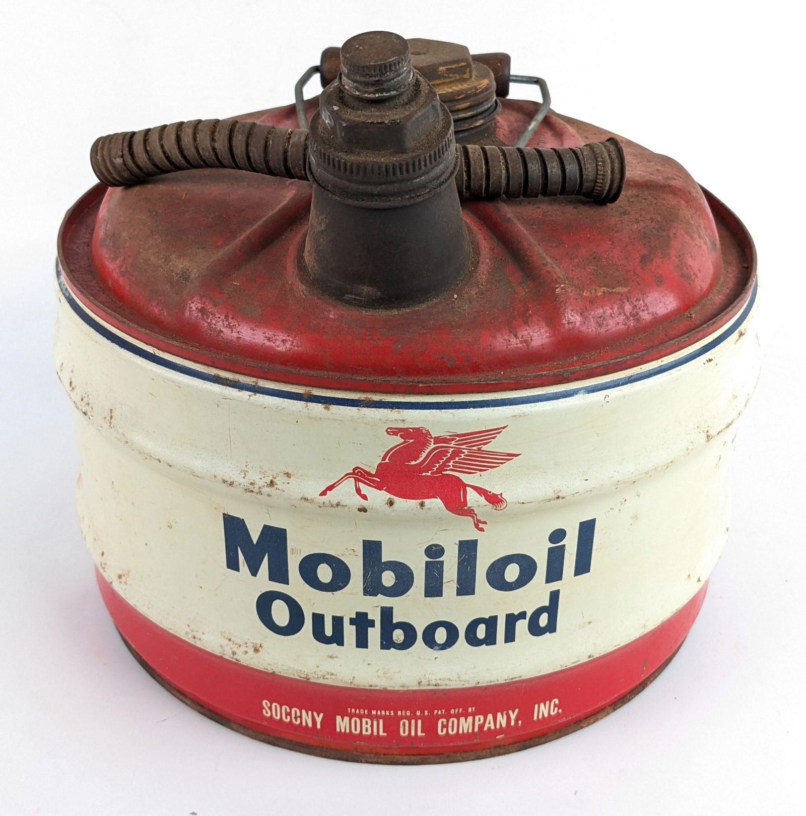 Vintage Mobiloil Outboard 2-1/2 Gallon Oil Can w/ Wood Handle (1 of 5)