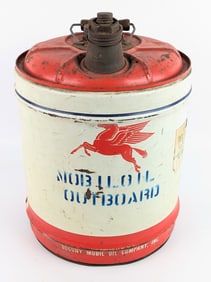 Vintage Mobiloil Outboard 5 Gallon Can w/ Wood Handle